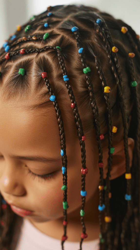 33 Fun Braided Hairstyles for Kids with Beads 8 Micro Braids with Scattered Colorful Beads