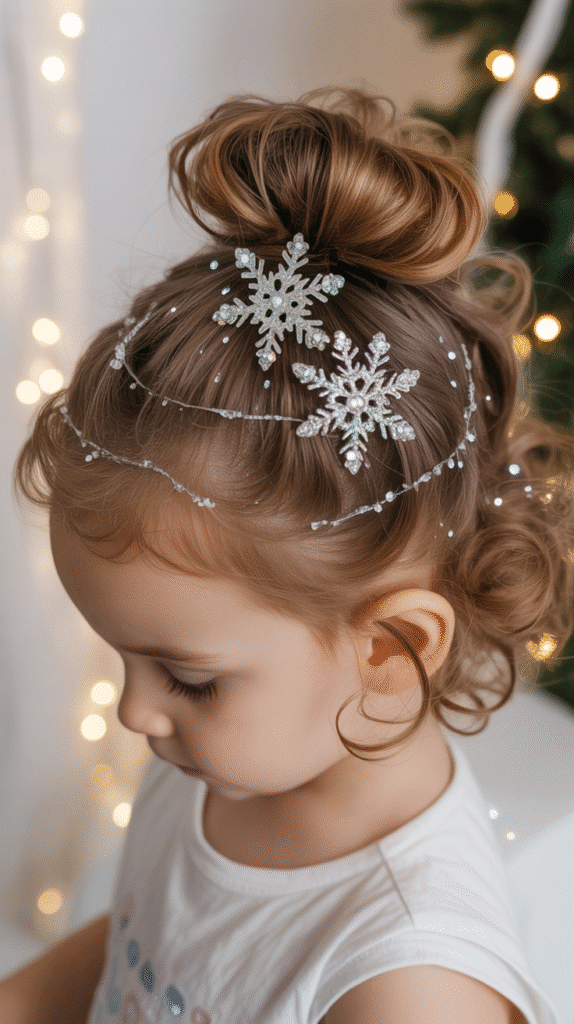 25 Adorable Christmas Hairstyles for Kids That Spark Holiday Joy 4 Sparkly Snowflake Bun