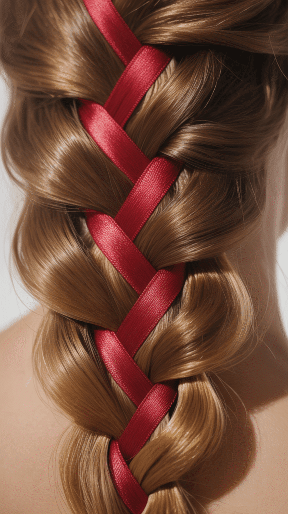 25 Easy Christmas Hairstyles for Kids You Can Do in Minutes 20 Fishtail Braid with Ribbon Weave