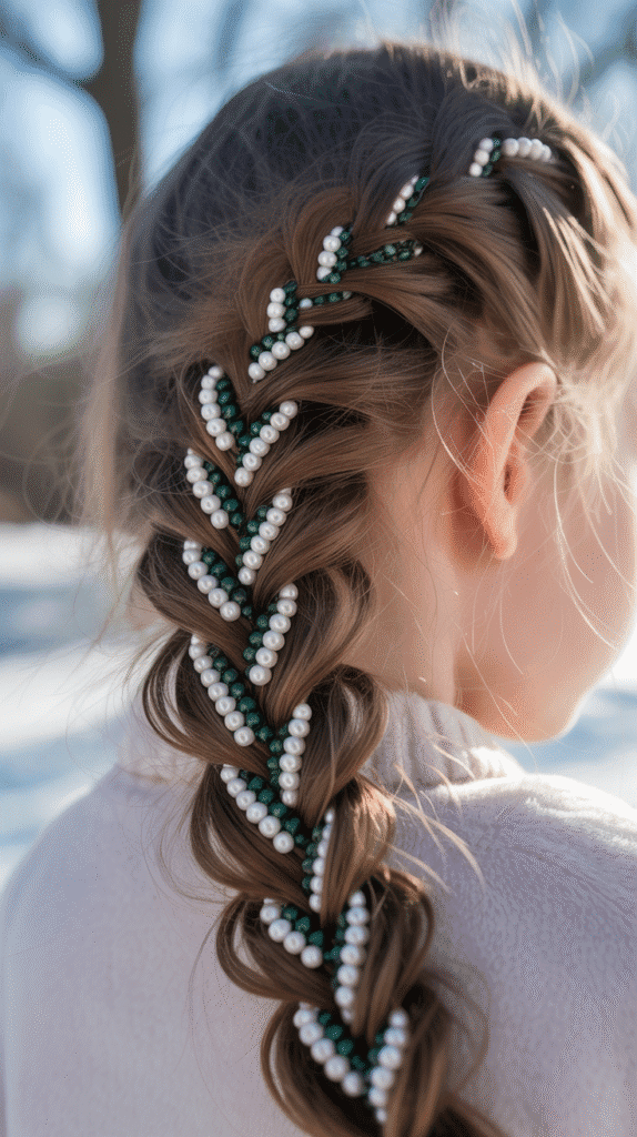 28 Fun Christmas Hairstyles for Kids with Beads Full of Holiday Spirit 16 Fishtail Braid with Pearl and Emerald Beads