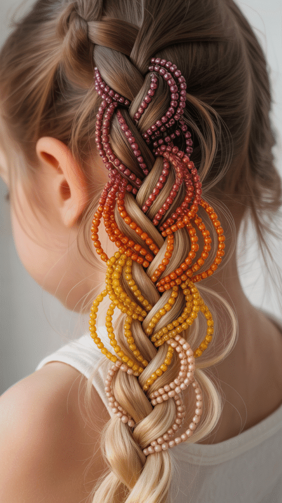 28 Fun Christmas Hairstyles for Kids with Beads Full of Holiday Spirit 26 Four-Strand Braid with Gradient Bead Coloring
