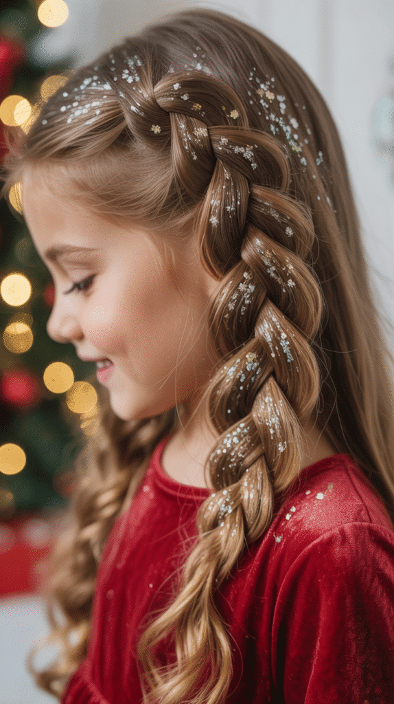 30 Cute Christmas Hairstyles for Girls Perfect for Holiday Parties 14 Waterfall Braid with Glitter Spray