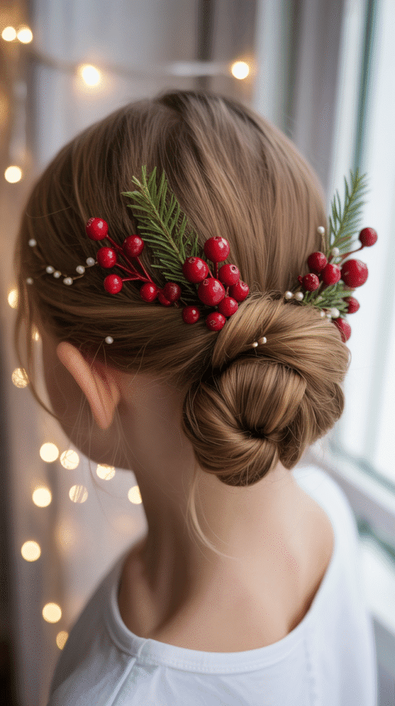 30 Cute Christmas Hairstyles for Girls Perfect for Holiday Parties 12  Twisted Low Bun with Berry Accents
