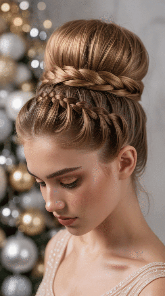 27 Beautiful Christmas Party Hairstyles for Thin Hair That Add Volume 24 High Bun with Wrapped Braids