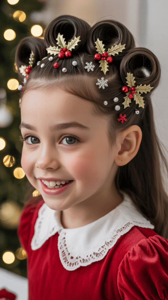 30 Cute Christmas Hairstyles for Girls Perfect for Holiday Parties 22 Victory Rolls with Festive Pins