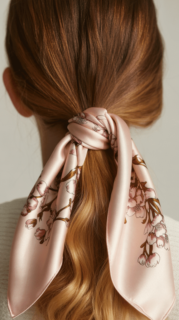 27 Chic Whimsical Hairstyles for Straight Hair That Add a Touch of Grace 22 Low Ponytail with Silk Scarf