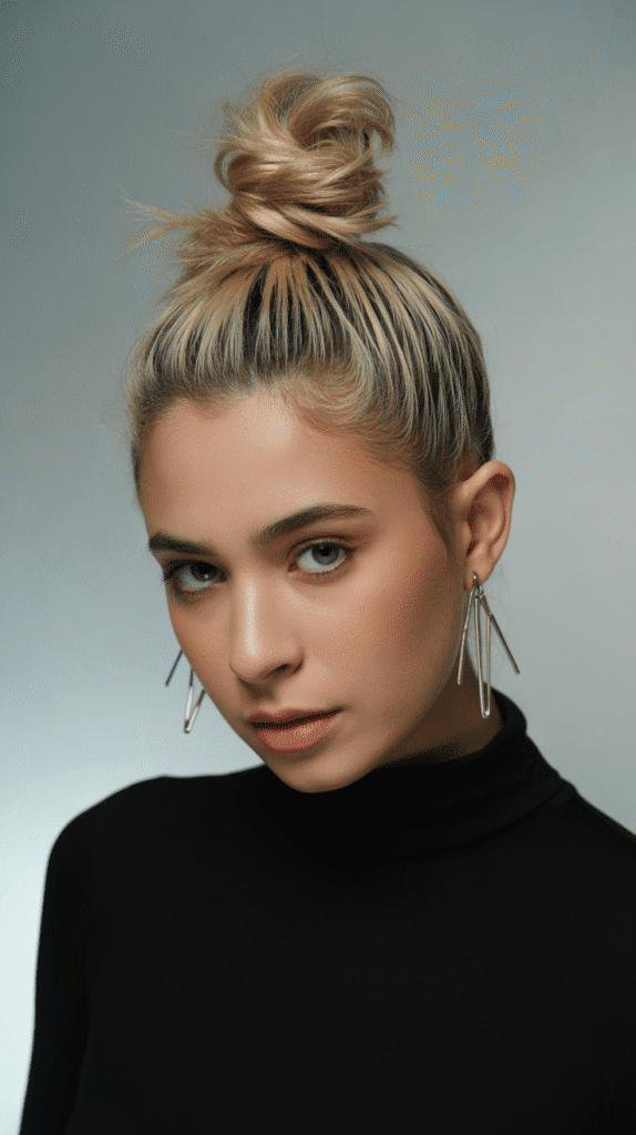 33 Elegant Christmas Party Updo Hairstyles for a Glam Look 14 Textured Top Knot