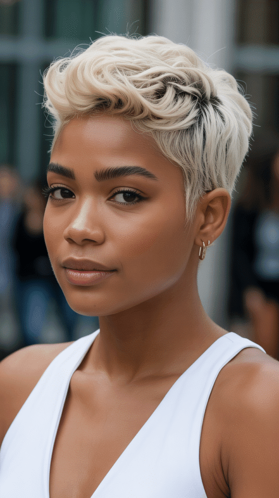 27 Elegant Blonde Prom Hairstyles for Black Women to Shine on Your Big Night 6 Icy Blonde Textured Pixie Cut