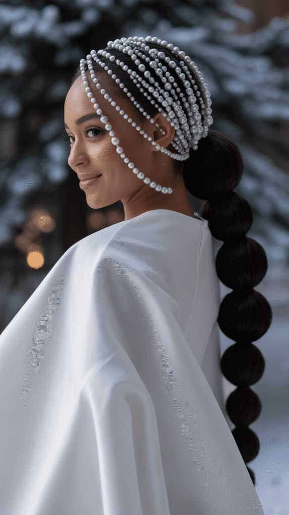 25 Breathtaking Winter Wedding Hairstyles for Black Brides 21 Bubble Ponytail with Pearls