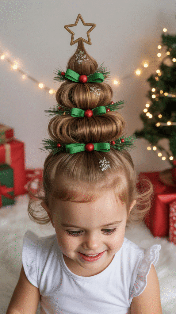 25 Adorable Christmas Hairstyles for Kids That Spark Holiday Joy 19 Christmas Tree Bun