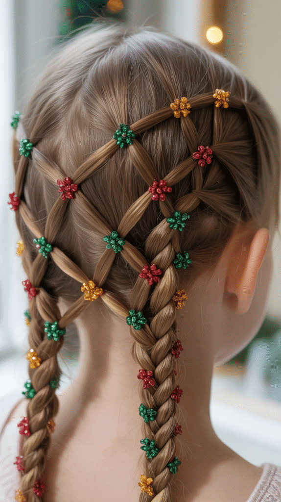 28 Fun Christmas Hairstyles for Kids with Beads Full of Holiday Spirit 24  Lattice Braid with Jeweled Beads