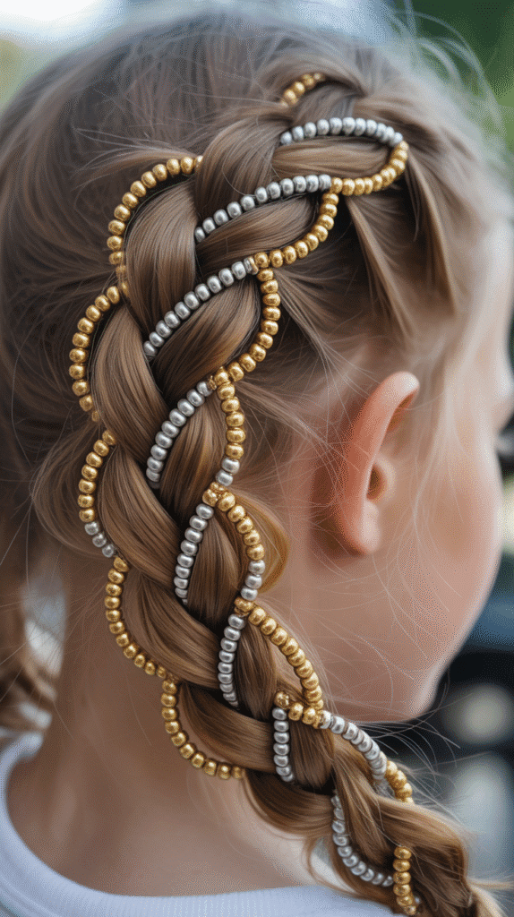 28 Fun Christmas Hairstyles for Kids with Beads Full of Holiday Spirit 22  Infinity Braid with Bicolor Bead Pattern