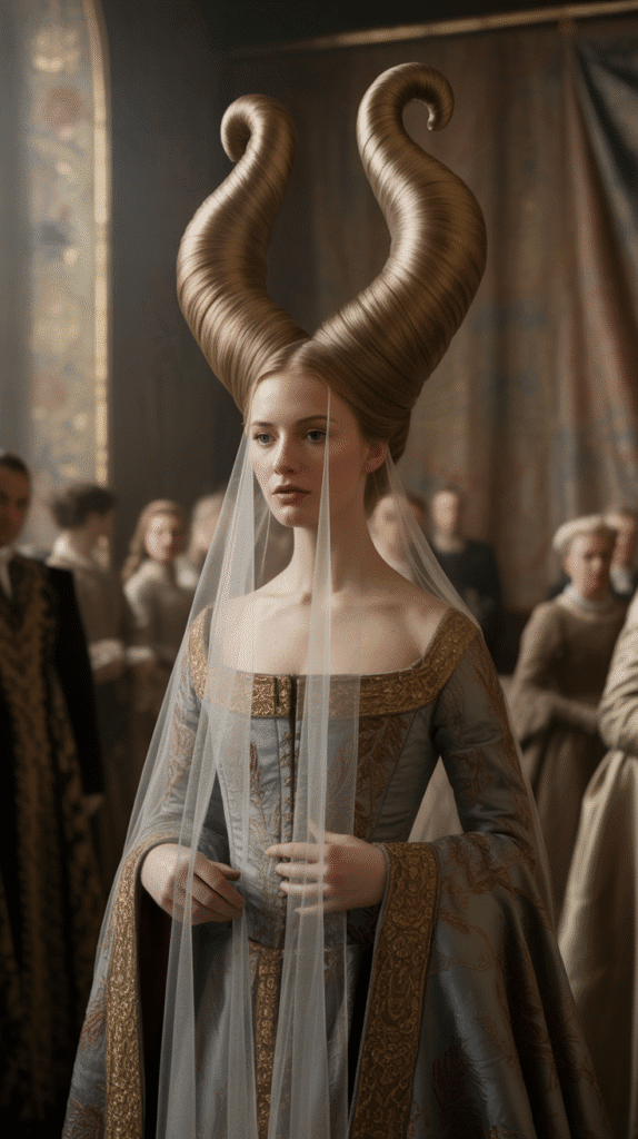 30 Fairytale-Inspired Medieval Hairstyles for Princesses 24 The Burgundian Horned Headdress Style