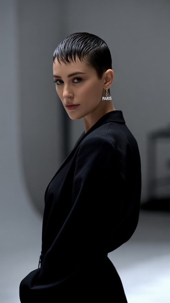 27 Modern French Short Hairstyles That Are Parisian-Approved 22 The Slicked-Back Pixie