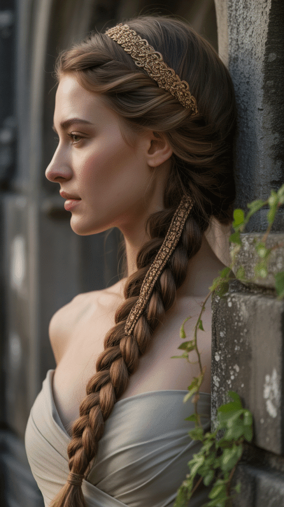 30 Fairytale-Inspired Medieval Hairstyles for Princesses 7 Medieval Side Braid with Hair Jewelry