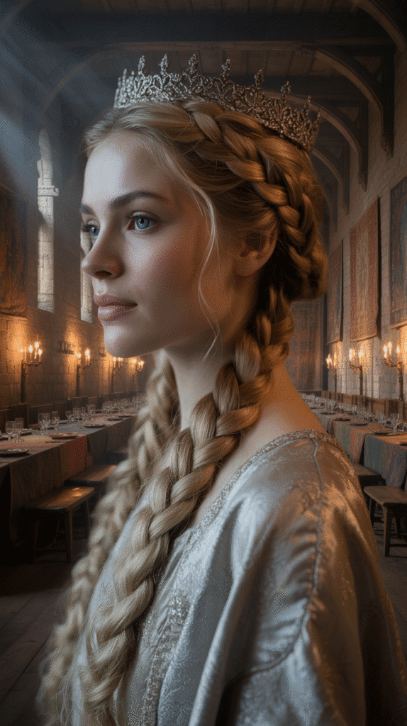 27 Elegant Medieval Updo Hairstyles for Princesses 6 The Herringbone Braided Updo