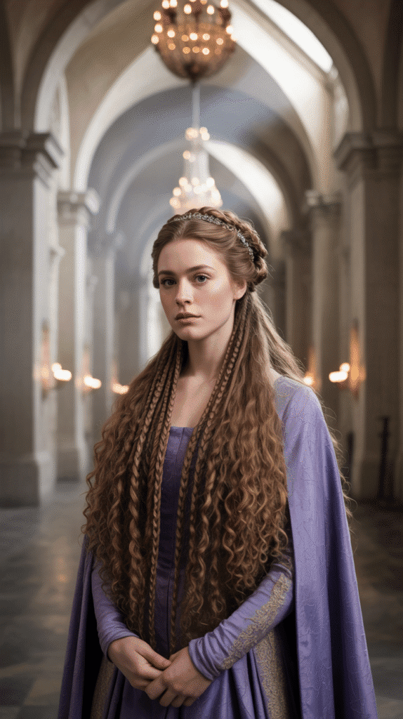 30 Romantic Medieval Hairstyles for Princesses with Curls 9 The Triple Braid Updo with Curly Texture