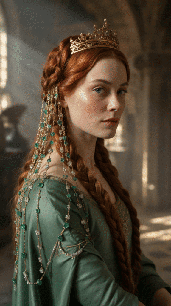 27 Royal Medieval Hairstyles for Princesses with Crowns 23 The Asymmetric Braided Crown with Jewel Cascade
