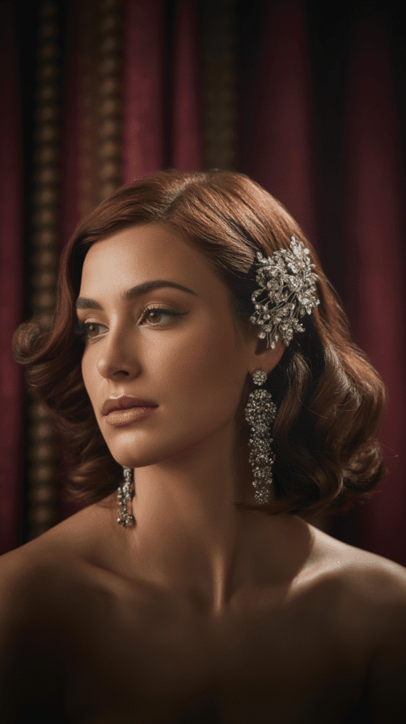 27 Chic Christmas Party Hairstyles for Medium Hair That Dazzle 23 Side-Parted Soft Waves with Jeweled Comb