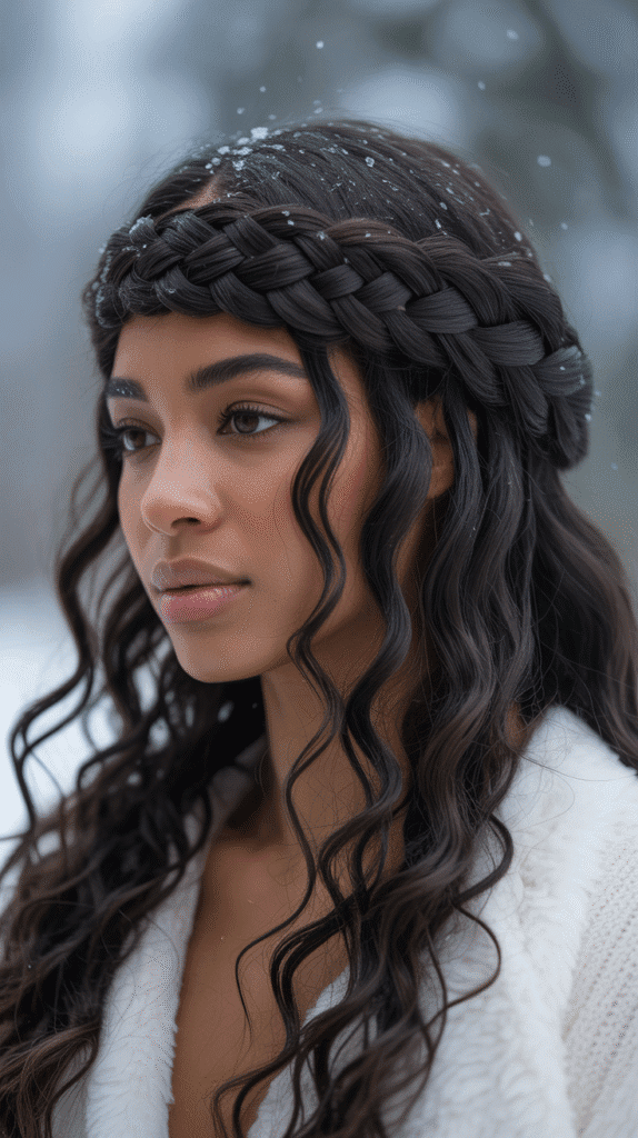 30 Gorgeous Winter Wig Styles for Black Women You'll Want to Try Now 8 Braided Crown with Loose Ends