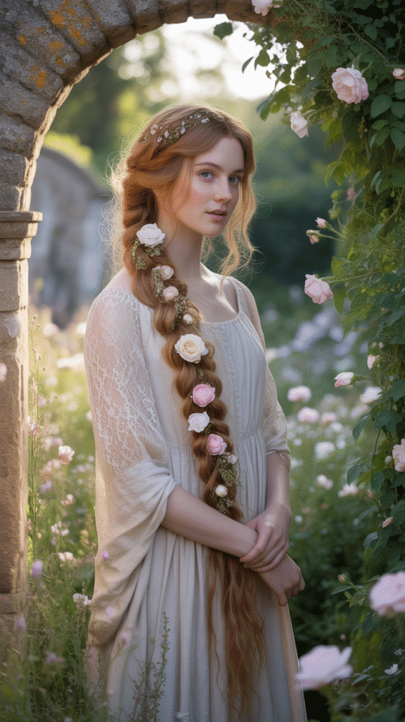 27 Beautiful Medieval Braided Hairstyles for Princesses 18 Side-Swept Fishtail with Flowers