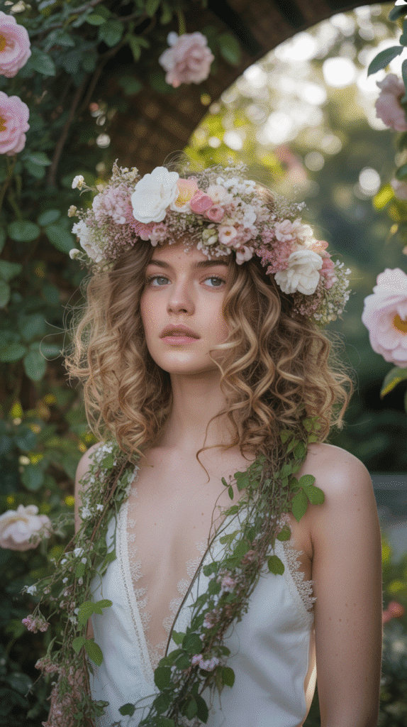 30 Dreamy Whimsical Hairstyles for Medium-Length Hair You'll Fall in Love With 16 Floral Crown with Loose Curls