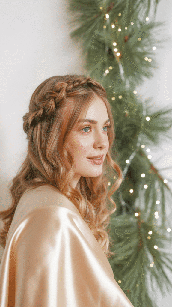 30 Elegant Christmas Party Hairstyles for Long Hair You'll Love 5 Braided Crown with Loose Curls