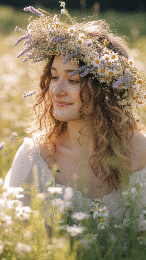 33 Enchanting Medieval Wedding Hairstyles for Princesses 8 Natural Curls with Floral Crown