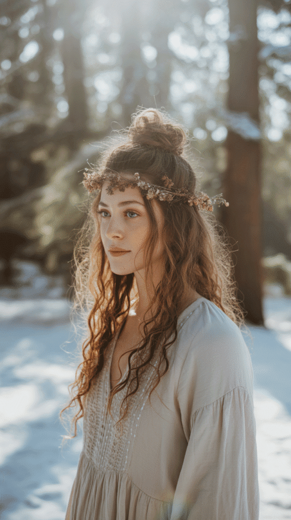 30 Gorgeous Christmas Party Hairstyles with Long Curls That Turn Heads 12 Bohemian Half-Up Top Knot