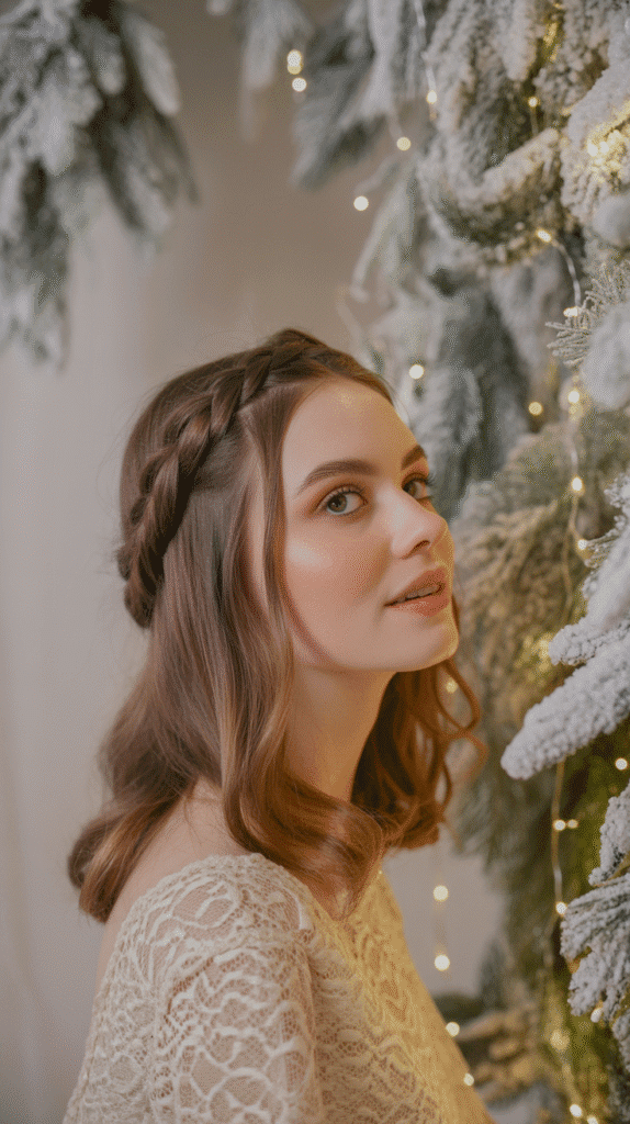 33 Simple Christmas Party Hairstyles for Medium Hair That Look Stunning 4 Braided Crown with Loose Ends
