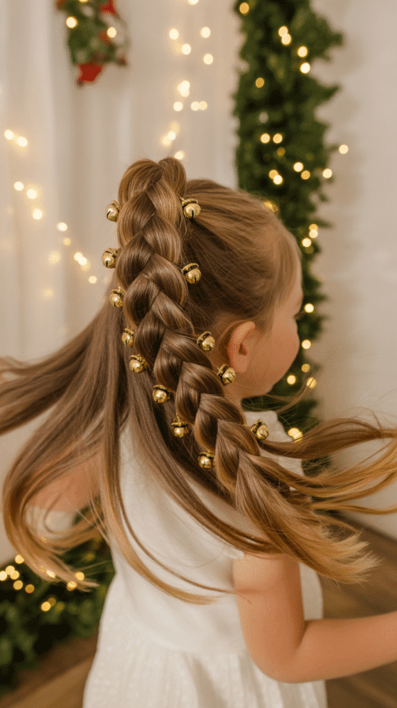 30 Cute Christmas Hairstyles for Girls Perfect for Holiday Parties 16 French Braid Ponytail with Jingle Bells