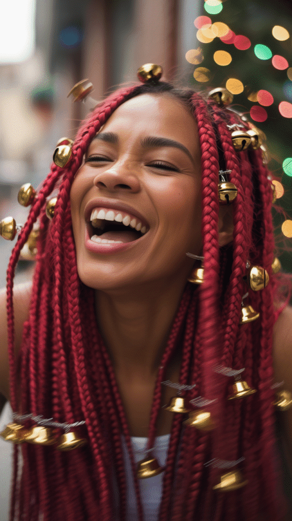 27 Festive Christmas Hairstyles for Black Girls That Shine Bright 17 Jumbo Box Braids with Bell Accessories