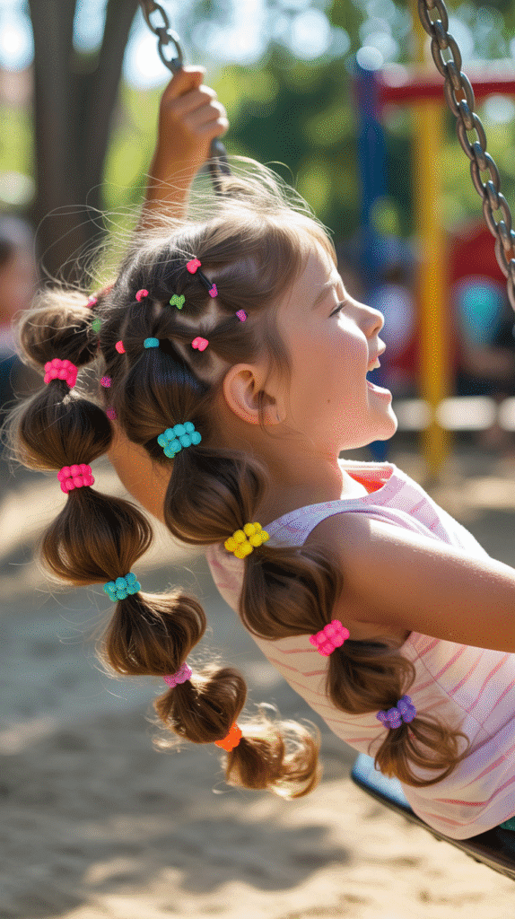 33 Fun Braided Hairstyles for Kids with Beads 5 Bubble Braids with Colorful Elastic Bands and Beads