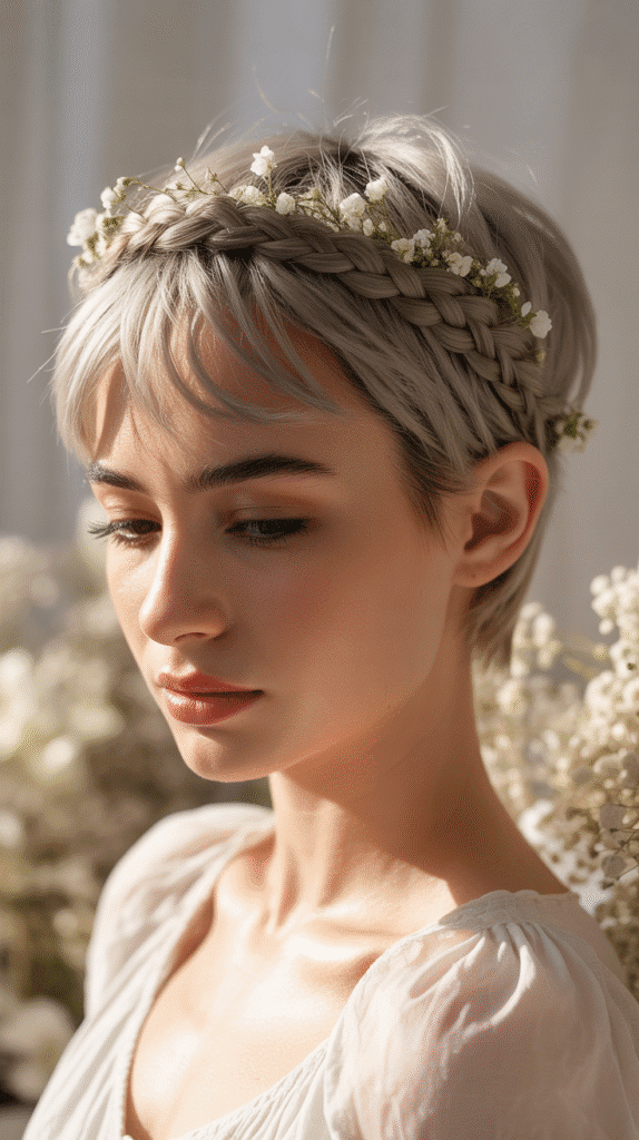27 Whimsical Hairstyles for Short Hair That Feel Straight Out of a Fairytale 1 Crown Braid Halo for Pixie Cuts