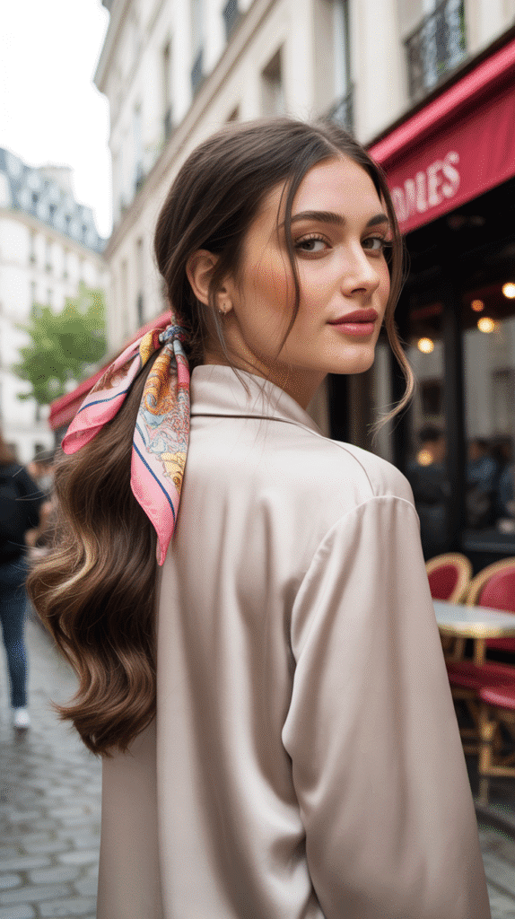 30 Elegant French Hairstyles for Long Hair That Turn Heads 23 Low Ponytail with Scarf