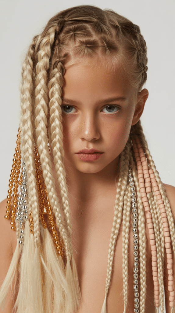 33 Fun Braided Hairstyles for Kids with Beads 26 Asymmetrical Braids with Mixed Metallic Beads
