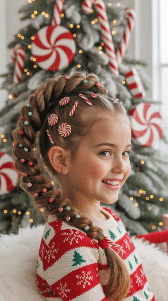 30 Cute Christmas Hairstyles for Girls Perfect for Holiday Parties 26 Braided Bun with Candy Decorations