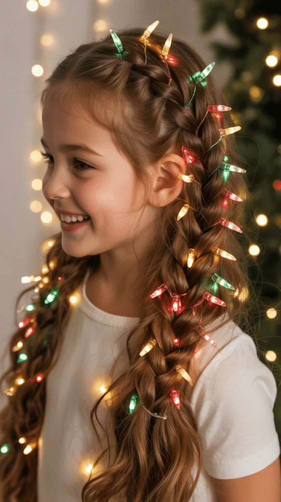 30 Cute Christmas Hairstyles for Girls Perfect for Holiday Parties 30 Braided Ponytail with Christmas Light Clips