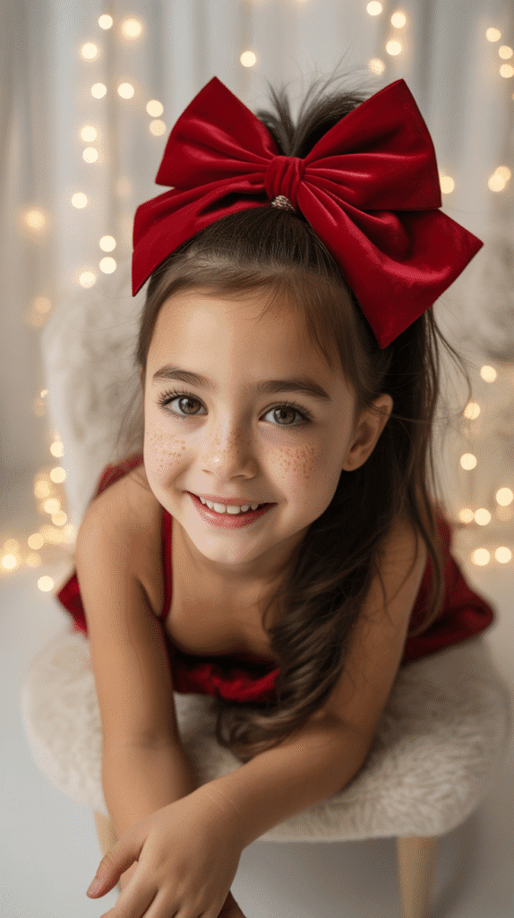 30 Cute Christmas Party Hairstyles for Kids That Are Adorable 1 Classic Christmas Bow Ponytail