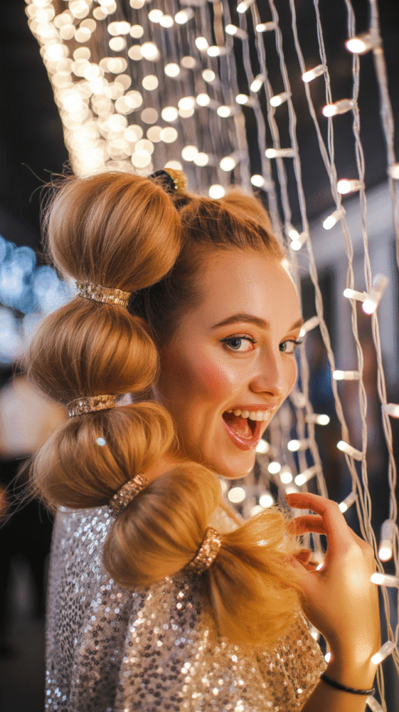 27 Chic Christmas Party Hairstyles for Medium Hair That Dazzle 9 Bubble Ponytail with Festive Accessories