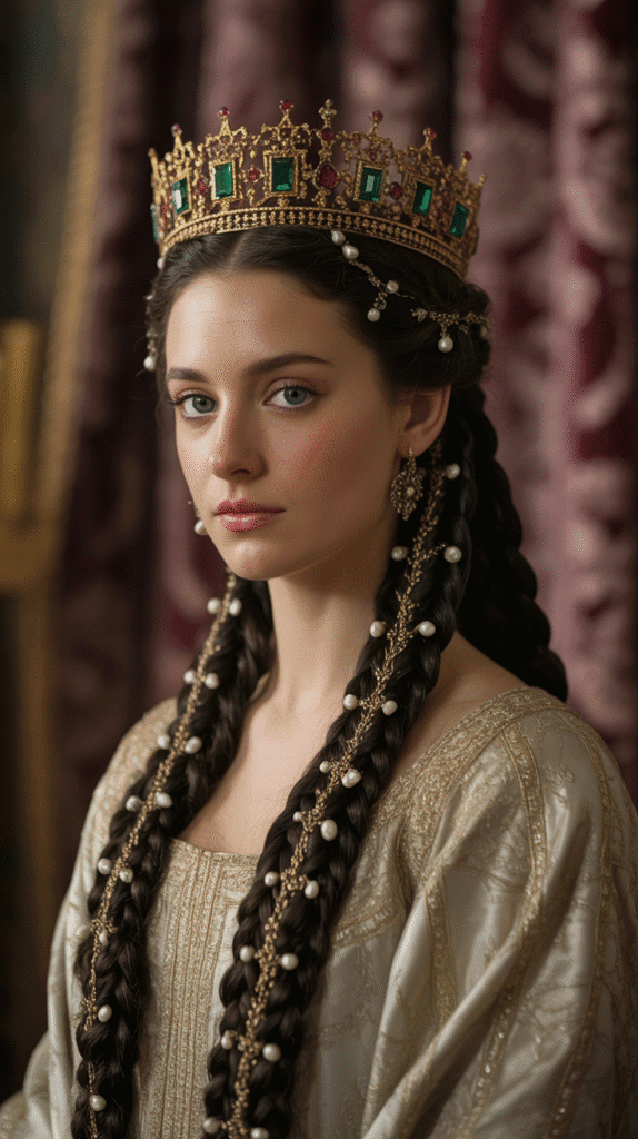 27 Royal Medieval Hairstyles for Princesses with Crowns 3 The Elaborate Temple Braids with Crown Placement