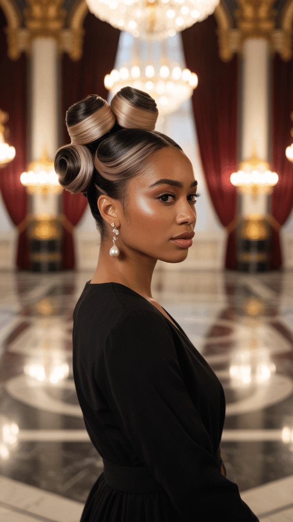 26 Cute Blonde Pin-Up Hairstyles for Black Women With Vintage Vibes 23 Rolled Updo With Champagne Lowlights