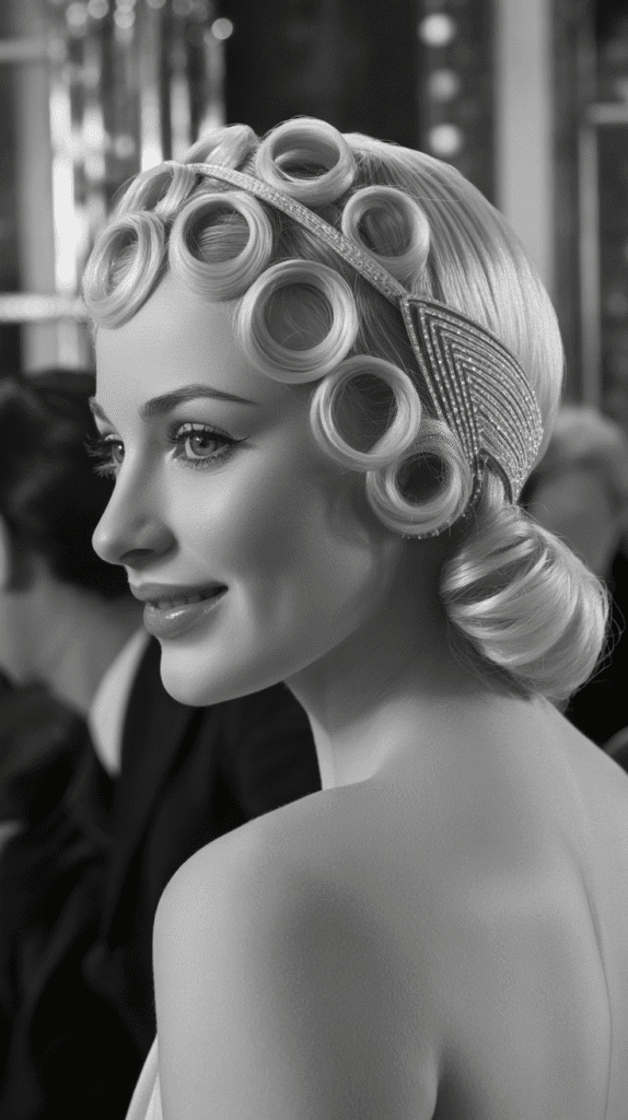 33 Elegant 1930s Updo Hairstyles for Long Hair You Must Try 5 Pin Curl Crown with Low Bun