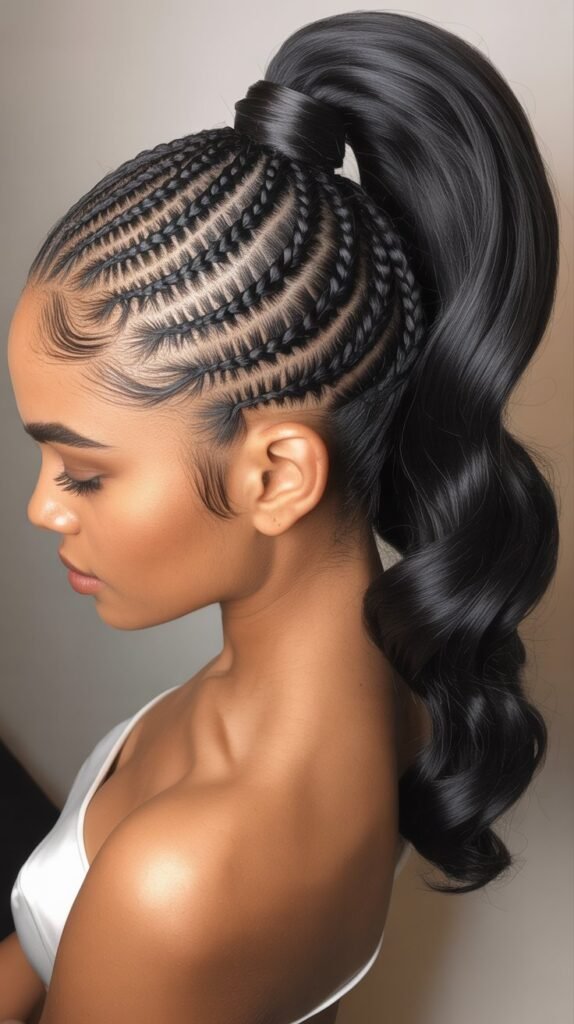 Feed-In Cornrows Leading to Ponytail