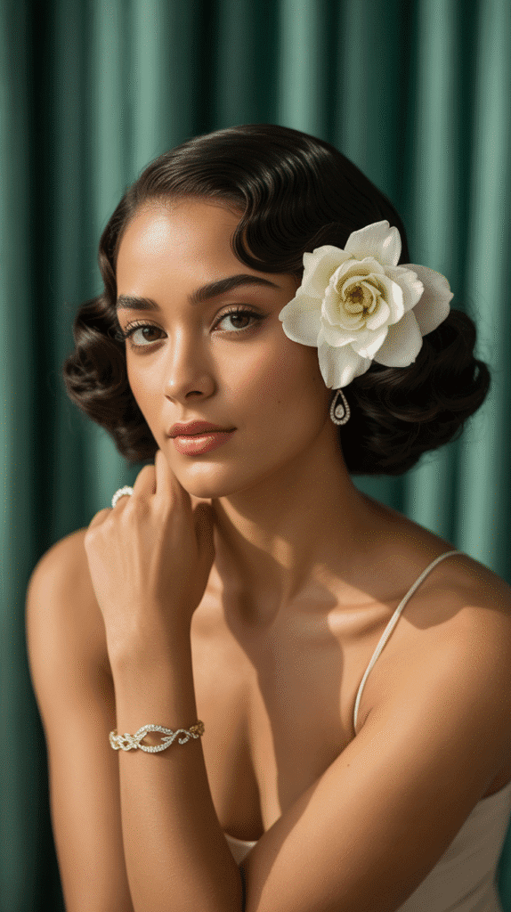 30 Beautiful 1930s Hairstyles for Black Women That Inspire Grace 6 Sleek Finger Waves with Floral Accents
