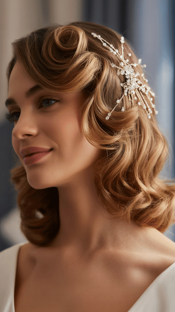 30 Dreamy Whimsical Hairstyles for Medium-Length Hair You'll Fall in Love With 23  Side-Swept Curls with Decorative Pins