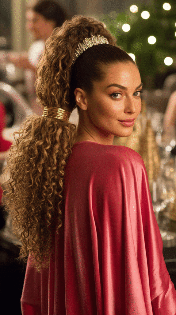 30 Gorgeous Christmas Party Hairstyles with Long Curls That Turn Heads 4 Voluminous High Ponytail with Curls