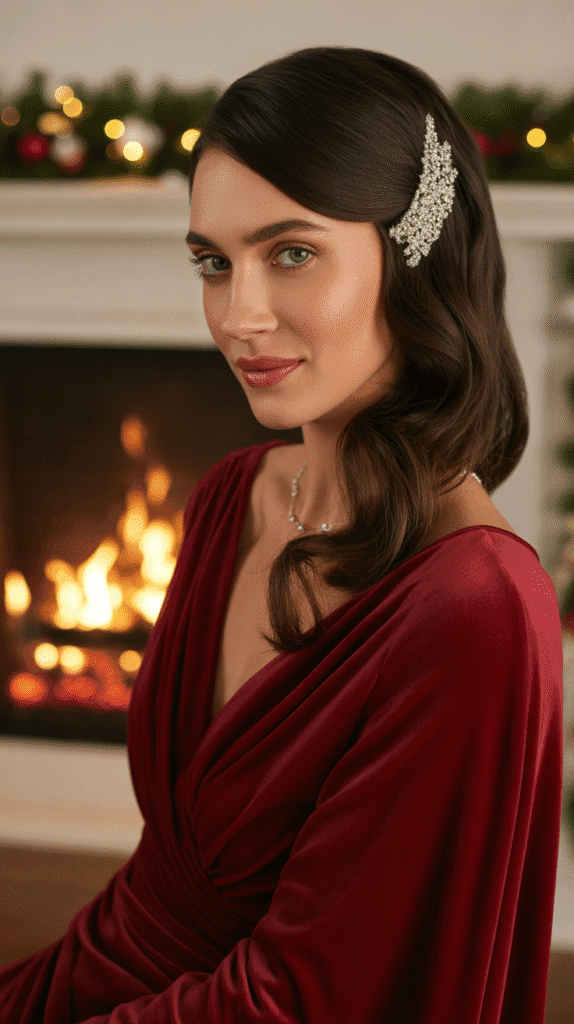 30 Elegant Christmas Party Hairstyles for Long Hair You'll Love 8 Side-Swept Waves with Embellished Clip