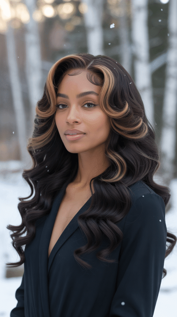 30 Gorgeous Winter Wig Styles for Black Women You'll Want to Try Now 4 Long Flowing Waves with Side Part