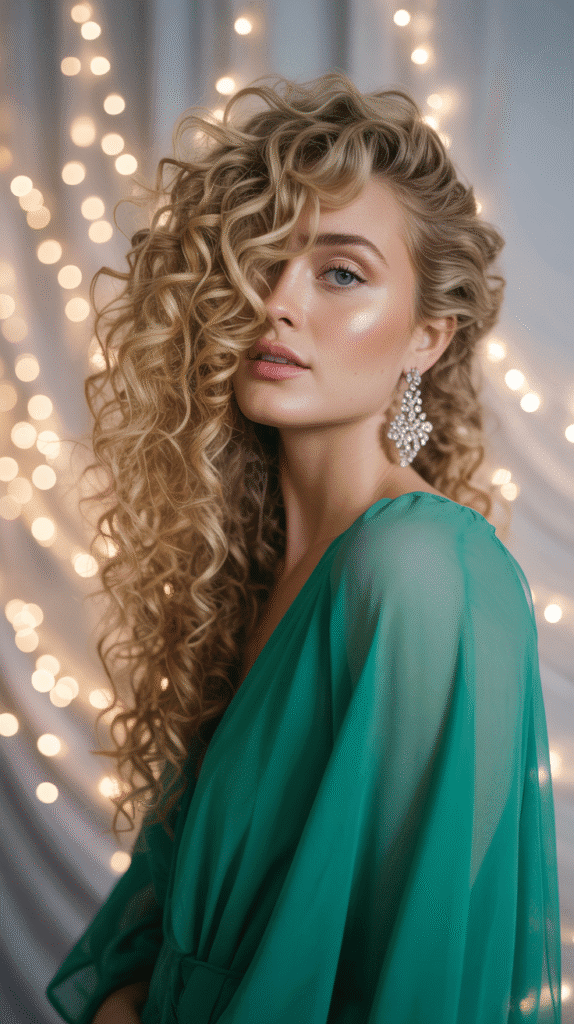 30 Gorgeous Christmas Party Hairstyles with Long Curls That Turn Heads 3 Cascading Side-Swept Curls